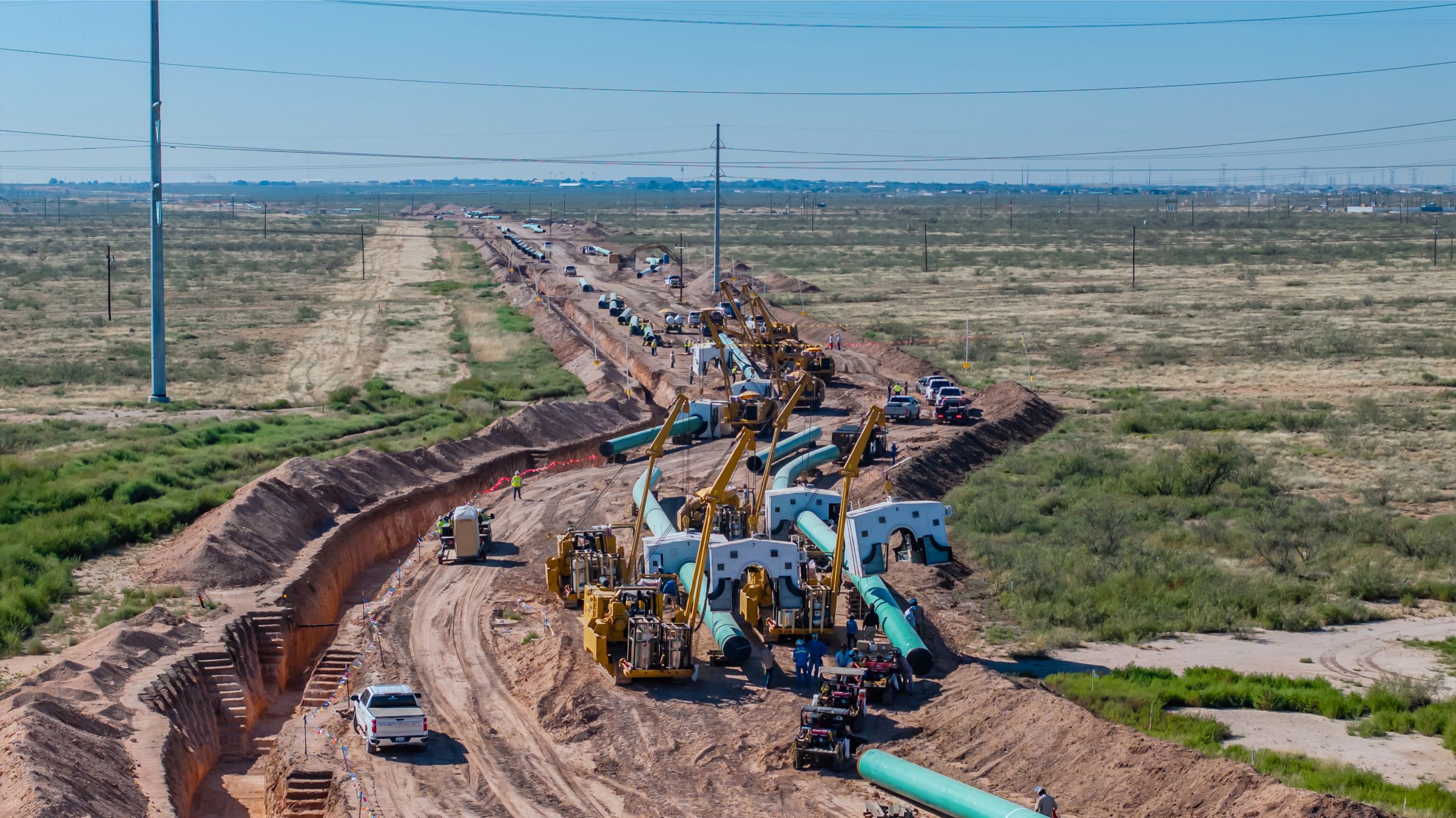 Aerial view of a pipeline construction spread on the right-of-way