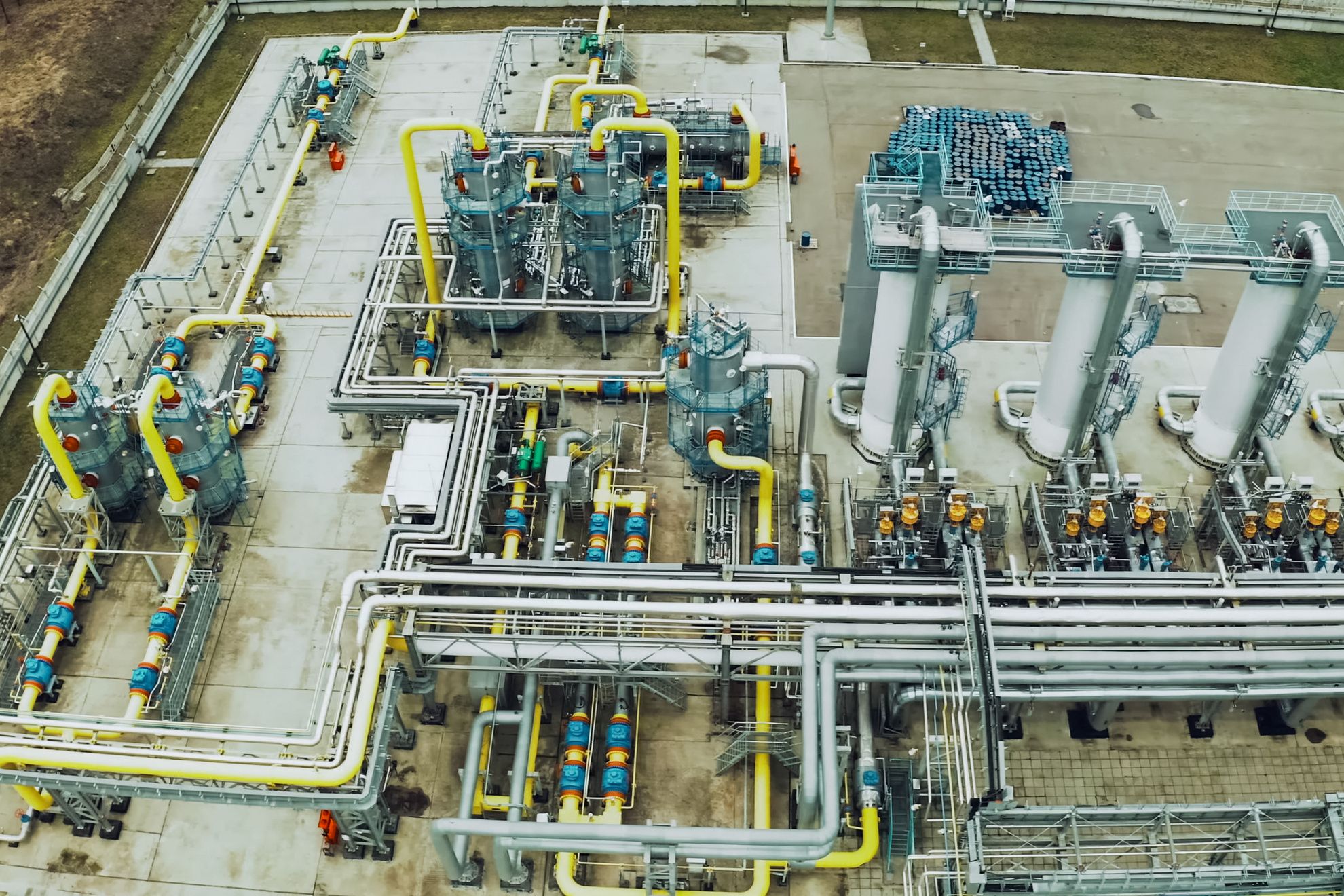 Aerial view of a natural gas station with process piping