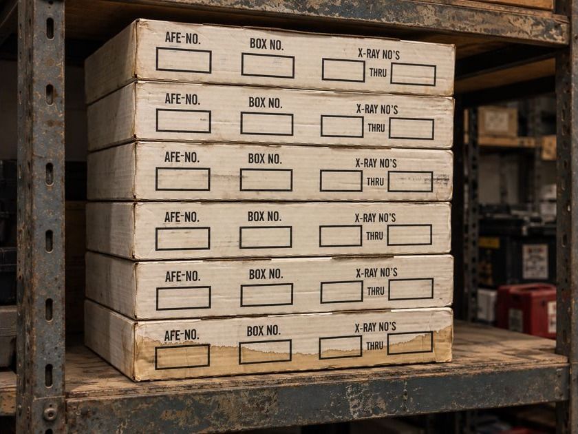 Boxes of archived radiographic weld film on a storage shelf
